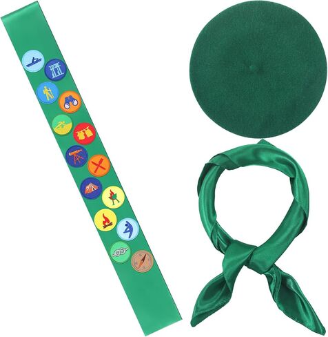 3 PCS Halloween Women Scout Costume for Cosplay Satin Sash with Assoridered Patch Neck Hair وشاح الأخضر Beret Hat What Scout Outfit for Halloween Party Supplies Associory in Saudi Arabia