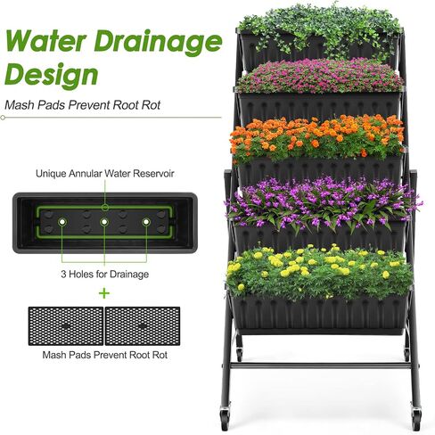 Homdox 4FT Vertical Garden Bed, 5 Tiers Vertical Raised Garden Planter, 25.6 * 26 * 48Inch Garden Raised Bed with 4 Hooks & 4 Wheels, Vegetable Flower Planter Raised Stand, Black with Storage Rack in Saudi Arabia