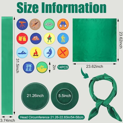 3 PCS Halloween Women Scout Costume for Cosplay Satin Sash with Assoridered Patch Neck Hair وشاح الأخضر Beret Hat What Scout Outfit for Halloween Party Supplies Associory in Saudi Arabia