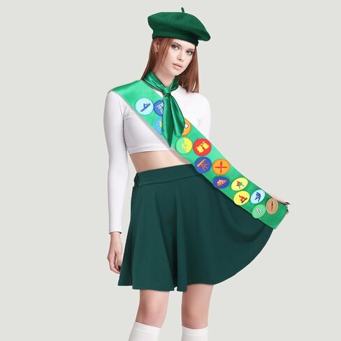 3 PCS Halloween Women Scout Costume for Cosplay Satin Sash with Assoridered Patch Neck Hair وشاح الأخضر Beret Hat What Scout Outfit for Halloween Party Supplies Associory in Saudi Arabia