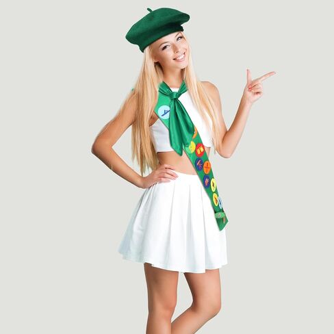 3 PCS Halloween Women Scout Costume for Cosplay Satin Sash with Assoridered Patch Neck Hair وشاح الأخضر Beret Hat What Scout Outfit for Halloween Party Supplies Associory in Saudi Arabia