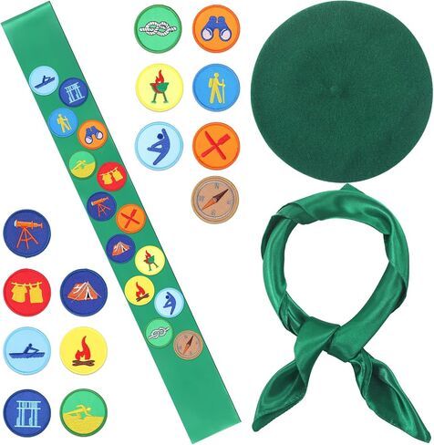 3 PCS Halloween Women Scout Costume for Cosplay Satin Sash with Assoridered Patch Neck Hair وشاح الأخضر Beret Hat What Scout Outfit for Halloween Party Supplies Associory in Saudi Arabia