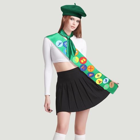 3 PCS Halloween Women Scout Costume for Cosplay Satin Sash with Assoridered Patch Neck Hair وشاح الأخضر Beret Hat What Scout Outfit for Halloween Party Supplies Associory in Saudi Arabia