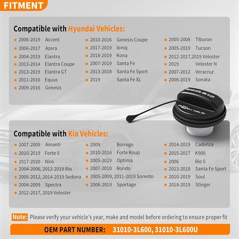 31010-3L600 غطاء غاز ، متوافق مع Hyundai Kia-Elantra ، Tucson ، Genesis ، Accent ، Sorento ، Sportage ، Soul ، Forte ، Optima والمزيد ، Cap Cap يحل محل 31010-3L600U in Kuwait