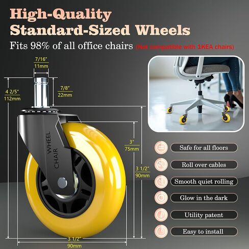 Office Chair Wheels Replacement,7/16" x 7/8",Universal fit for Most Office Chairs，Suitable for Hardwood Floors & Carpet,Set of 5,Easy to Install,Smooth & Quiet Rolling Desk Chair casters in Saudi Arabia