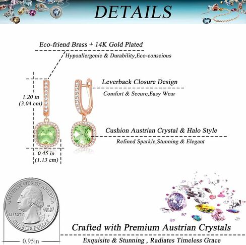 EVEVIC Austrian Crystal Leverback Square Cushion Halo Dangle Huggie Earrings for Women 14K Gold Plated Hypoallergenic Jewelry Gift in Saudi Arabia