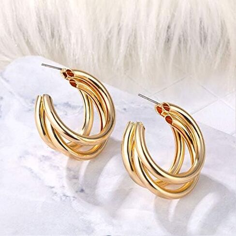 ONLYJUMP Hoop Earrings Gold Open C Shape 14K Gold Earrings Triple Hoop Earrings Triple Hoop Earrings Minimal Statement Fashion Jewelry Gifts in Saudi Arabia