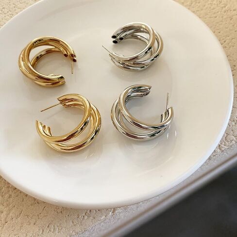 ONLYJUMP Hoop Earrings Gold Open C Shape 14K Gold Earrings Triple Hoop Earrings Triple Hoop Earrings Minimal Statement Fashion Jewelry Gifts in Saudi Arabia