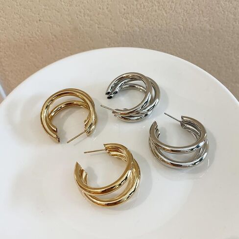 ONLYJUMP Hoop Earrings Gold Open C Shape 14K Gold Earrings Triple Hoop Earrings Triple Hoop Earrings Minimal Statement Fashion Jewelry Gifts in Saudi Arabia