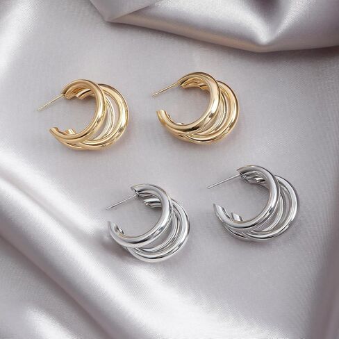 ONLYJUMP Hoop Earrings Gold Open C Shape 14K Gold Earrings Triple Hoop Earrings Triple Hoop Earrings Minimal Statement Fashion Jewelry Gifts in Saudi Arabia
