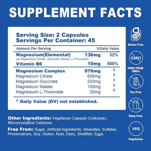 Magnesium Complex 90 Capsules | High Absorption | 5-in-1 Formula | 45 Days Servings | Third Party Tested | Dietary Supplement in Kuwait