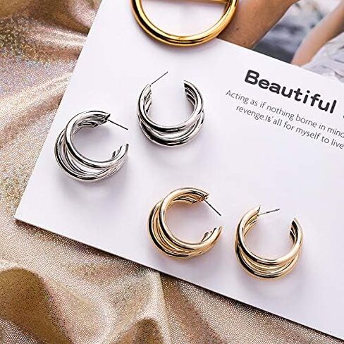ONLYJUMP Hoop Earrings Gold Open C Shape 14K Gold Earrings Triple Hoop Earrings Triple Hoop Earrings Minimal Statement Fashion Jewelry Gifts in Saudi Arabia