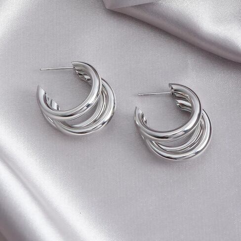 ONLYJUMP Hoop Earrings Gold Open C Shape 14K Gold Earrings Triple Hoop Earrings Triple Hoop Earrings Minimal Statement Fashion Jewelry Gifts in Saudi Arabia