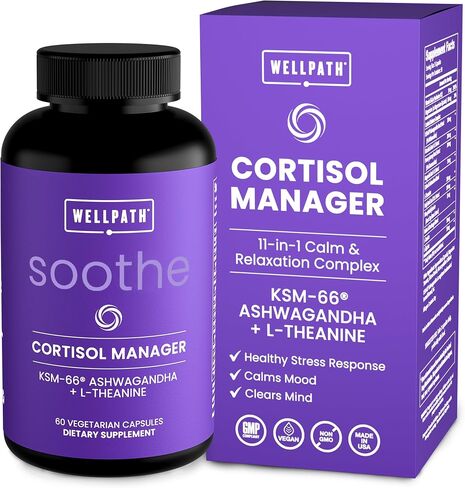 WellPath Soothe Cortisol Manager-مكملات الكورتيزول للنساء المصابات بـ KSM-66® Ashwagandha & L-theanine-دعم الإجهاد ، التخلص من السموم-مجمع 11-in-1 ، نباتي ، مصنوع في الولايات المتحدة الأمريكية ، غير المعدلة وراثيا ، 60 CT in Kuwait