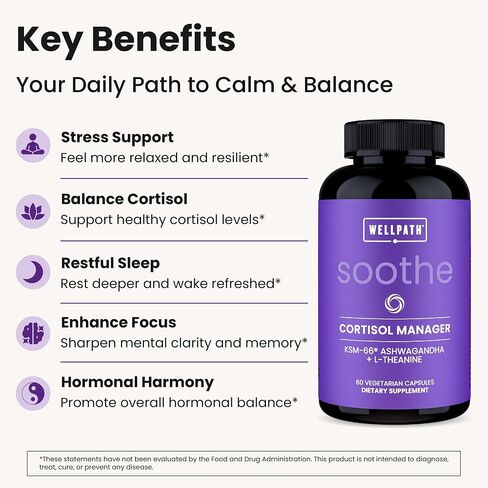 WellPath Soothe Cortisol Manager-مكملات الكورتيزول للنساء المصابات بـ KSM-66® Ashwagandha & L-theanine-دعم الإجهاد ، التخلص من السموم-مجمع 11-in-1 ، نباتي ، مصنوع في الولايات المتحدة الأمريكية ، غير المعدلة وراثيا ، 60 CT in Kuwait