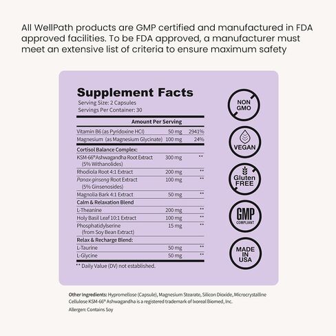 WellPath Soothe Cortisol Manager-مكملات الكورتيزول للنساء المصابات بـ KSM-66® Ashwagandha & L-theanine-دعم الإجهاد ، التخلص من السموم-مجمع 11-in-1 ، نباتي ، مصنوع في الولايات المتحدة الأمريكية ، غير المعدلة وراثيا ، 60 CT in Kuwait