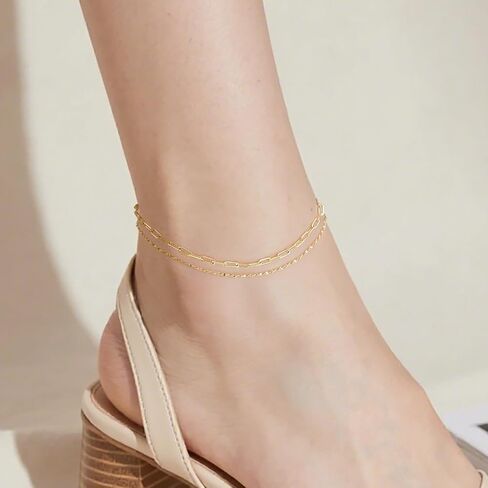 14K Gold Anklets for Women Gold Ankle Bracelets for Women Double-Layer Design Delicate Chain Stacked with Paperclip Link Anklets for Womens ankles bracelets in Saudi Arabia