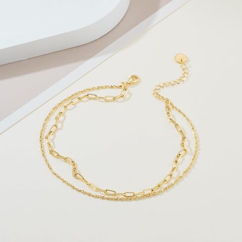 14K Gold Anklets for Women Gold Ankle Bracelets for Women Double-Layer Design Delicate Chain Stacked with Paperclip Link Anklets for Womens ankles bracelets in Saudi Arabia