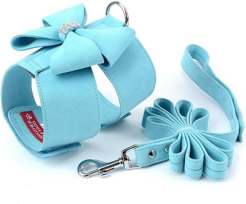 Selmai Small Pet Dog Cat Bling Rhinestone Harness and Leash Bow Girls Soft Ultra Suede Leather ، قابل للتعديل/بدون سحب ، سترة Escape Escape Emplic in Saudi Arabia