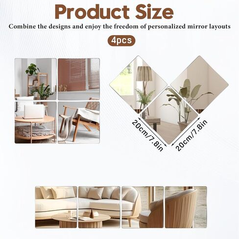 4 Pcs Wall Mirror Full Length Acrylic Unbreakable Wall Mirror 8" x 8" for Home Gym, Bedroom Living Room Frameless Peel Stick Full Body Mirrors Squares for Door, Closet Vanity in Saudi Arabia