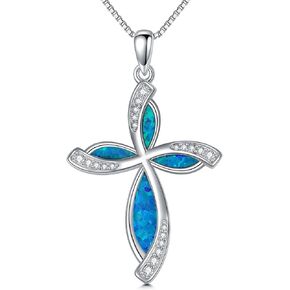Peimko Blue/White Opal Cross Necklace for Women 925 Sterling Silver 5A CZ قلادة قلادة هدايا لعيد الأم أو عيد ميلاد أو ذكرى الذكرى السنوية in Kuwait