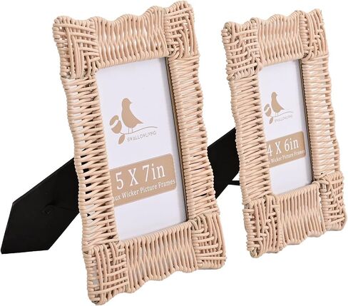 SwallowLiving Boho & Farmhouse Style Rattan Photo Frames Set of 2 - Faux Wicker, Rustic Charm, Durable Construction, Perfect for Home Decor & Gifts (4x6 & 5x7) in Saudi Arabia