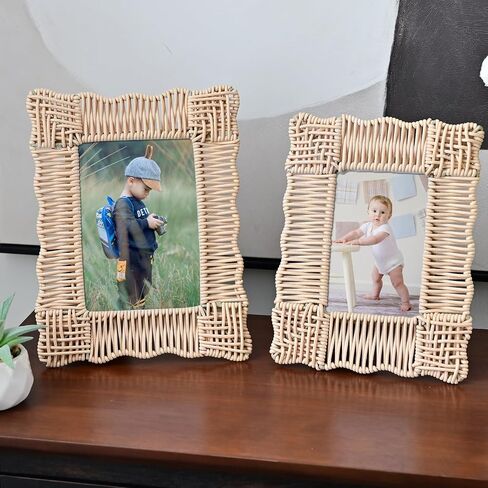 SwallowLiving Boho & Farmhouse Style Rattan Photo Frames Set of 2 - Faux Wicker, Rustic Charm, Durable Construction, Perfect for Home Decor & Gifts (4x6 & 5x7) in Saudi Arabia