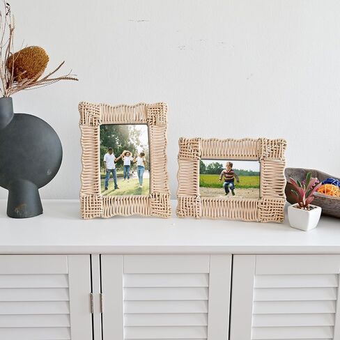 SwallowLiving Boho & Farmhouse Style Rattan Photo Frames Set of 2 - Faux Wicker, Rustic Charm, Durable Construction, Perfect for Home Decor & Gifts (4x6 & 5x7) in Saudi Arabia