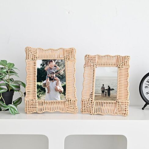 SwallowLiving Boho & Farmhouse Style Rattan Photo Frames Set of 2 - Faux Wicker, Rustic Charm, Durable Construction, Perfect for Home Decor & Gifts (4x6 & 5x7) in Saudi Arabia