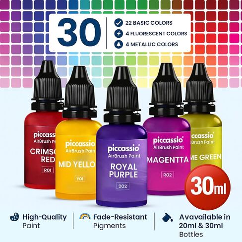 Piccassio Airbrush Paint Set, 30 Water-Based, Quick-Drying Colors for Artists & Beginners, Ideal for Wood, Ceramic, Paper, Plaster, Canvas, Plastic in Saudi Arabia