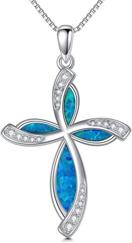 Peimko Blue/White Opal Cross Necklace for Women 925 Sterling Silver 5A CZ قلادة قلادة هدايا لعيد الأم أو عيد ميلاد أو ذكرى الذكرى السنوية in Kuwait