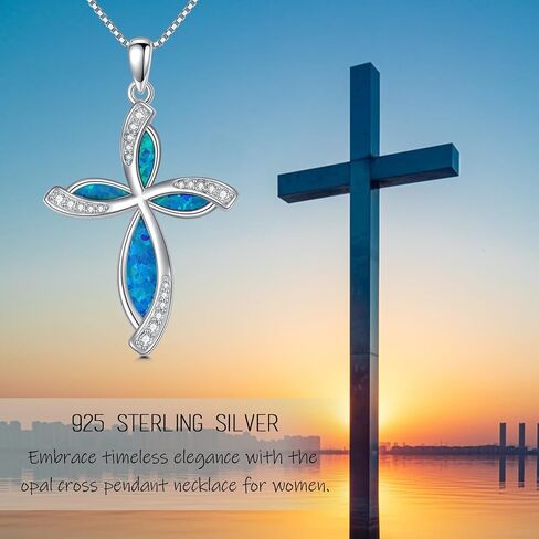 Peimko Blue/White Opal Cross Necklace for Women 925 Sterling Silver 5A CZ قلادة قلادة هدايا لعيد الأم أو عيد ميلاد أو ذكرى الذكرى السنوية in Kuwait