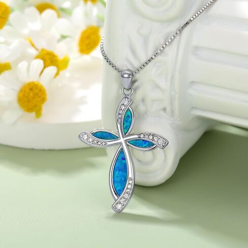 Peimko Blue/White Opal Cross Necklace for Women 925 Sterling Silver 5A CZ قلادة قلادة هدايا لعيد الأم أو عيد ميلاد أو ذكرى الذكرى السنوية in Kuwait