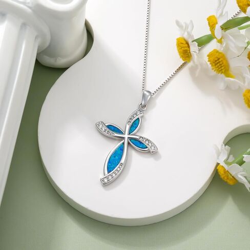 Peimko Blue/White Opal Cross Necklace for Women 925 Sterling Silver 5A CZ قلادة قلادة هدايا لعيد الأم أو عيد ميلاد أو ذكرى الذكرى السنوية in Kuwait