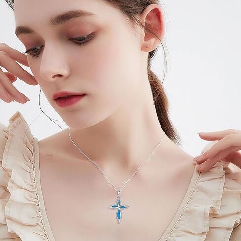 Peimko Blue/White Opal Cross Necklace for Women 925 Sterling Silver 5A CZ قلادة قلادة هدايا لعيد الأم أو عيد ميلاد أو ذكرى الذكرى السنوية in Kuwait