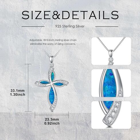 Peimko Blue/White Opal Cross Necklace for Women 925 Sterling Silver 5A CZ قلادة قلادة هدايا لعيد الأم أو عيد ميلاد أو ذكرى الذكرى السنوية in Kuwait
