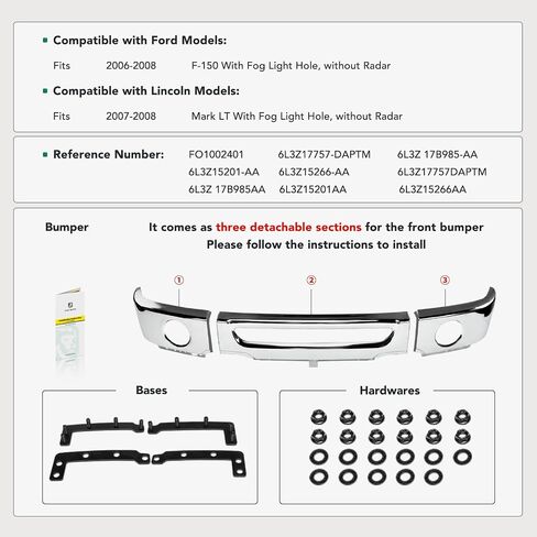 YHTAUTO Front Bumper Face Bar Compatible with Ford F-150 2006-2008, Lincoln Mark LT 2007-2008, Chrome Steel Bumper Replacement in Saudi Arabia