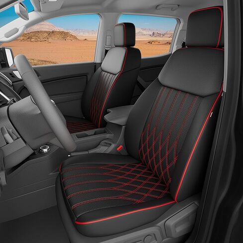 Custom Fit for Ford Ranger 2019-2023 XL/XLT/Lariat Crew Cab Car Seat Covers - Rear w/Cup Holder, Waterproof Leather Car Seat Protectors, Airbag Compatible (Not for Extended Cab) Black Red in Kuwait