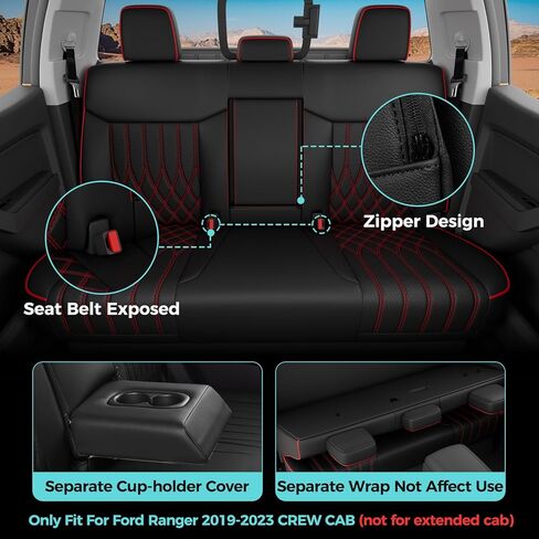 Custom Fit for Ford Ranger 2019-2023 XL/XLT/Lariat Crew Cab Car Seat Covers - Rear w/Cup Holder, Waterproof Leather Car Seat Protectors, Airbag Compatible (Not for Extended Cab) Black Red in Kuwait