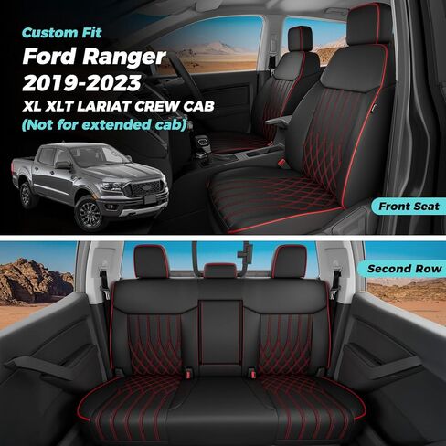 Custom Fit for Ford Ranger 2019-2023 XL/XLT/Lariat Crew Cab Car Seat Covers - Rear w/Cup Holder, Waterproof Leather Car Seat Protectors, Airbag Compatible (Not for Extended Cab) Black Red in Kuwait