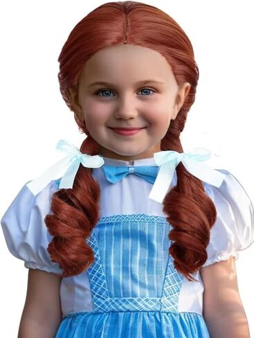 Kids Princess Wig Long Red Braid Wig + Crown Headband + Necklace + Wig Cap for Girls Toddler, Pre-styled Wigs Synthetic Fiber Hair for Halloween Party in Kuwait