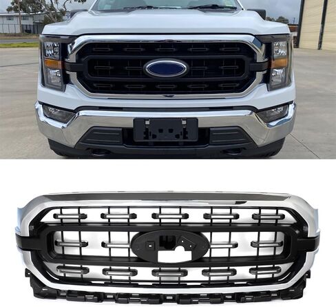 إطار Chrome+الشبكة الأمامية السوداء غير اللامعة تناسب 2021-2023 Ford F150 XLT Style Pumper Grill Reply for ML3Z-8200-AA ، ML3Z-8200-CA in Kuwait