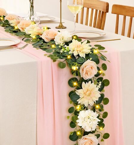 Yastouay 6 Ft Flower Garland with Lights, Pink Rose Floral Garland Fake Flowers for Wedding Arch Party Tables Backdrop Decor in Saudi Arabia