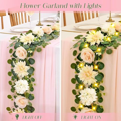 Yastouay 6 Ft Flower Garland with Lights, Pink Rose Floral Garland Fake Flowers for Wedding Arch Party Tables Backdrop Decor in Saudi Arabia