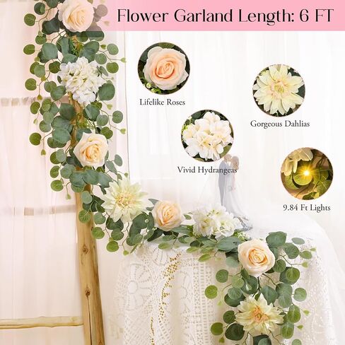 Yastouay 6 Ft Flower Garland with Lights, Pink Rose Floral Garland Fake Flowers for Wedding Arch Party Tables Backdrop Decor in Saudi Arabia