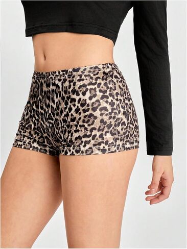 OYOANGLE Women's Leopard Print Elastic Waist Y2K Workout Yoga Mini Shorts in Saudi Arabia