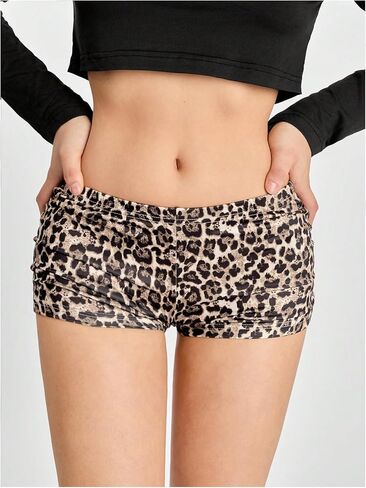 OYOANGLE Women's Leopard Print Elastic Waist Y2K Workout Yoga Mini Shorts in Saudi Arabia