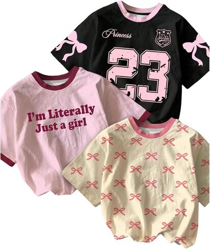 SweatyRocks Girl's 3 Pack Cute Letter Graphic T Shirt Crewneck Short Sleeve Summer Casual Tee Shirt in Kuwait