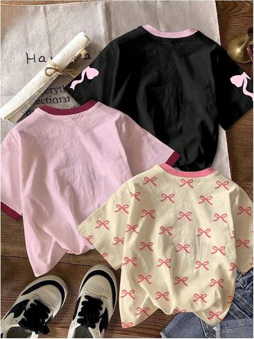 SweatyRocks Girl's 3 Pack Cute Letter Graphic T Shirt Crewneck Short Sleeve Summer Casual Tee Shirt in Kuwait