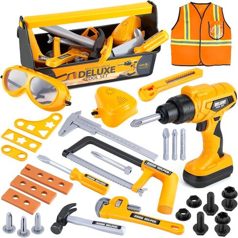 Zone Goys 48pcs Tool Tool with Tool Box و Electronic Toy Drill ، Play Play Kits Kits Construction للأطفال الذين تتراوح أعمارهم بين 3 و 5 سنوات ، ألعاب Boy Toddler (أصفر) in Kuwait